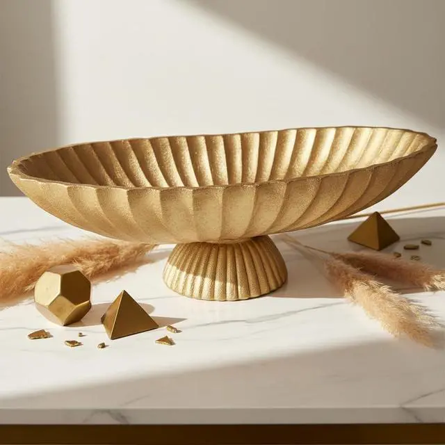 Alt view image 2 of 7 - 14.5" Large Decorative Long Bowl decor - Fluted Scalloped Decorative Bowls for Home Decor - Ruffle Decor,Stylish Key Bowl for Entry Table,Decorative Fruit Bowls for Kitchen Counter,Golden