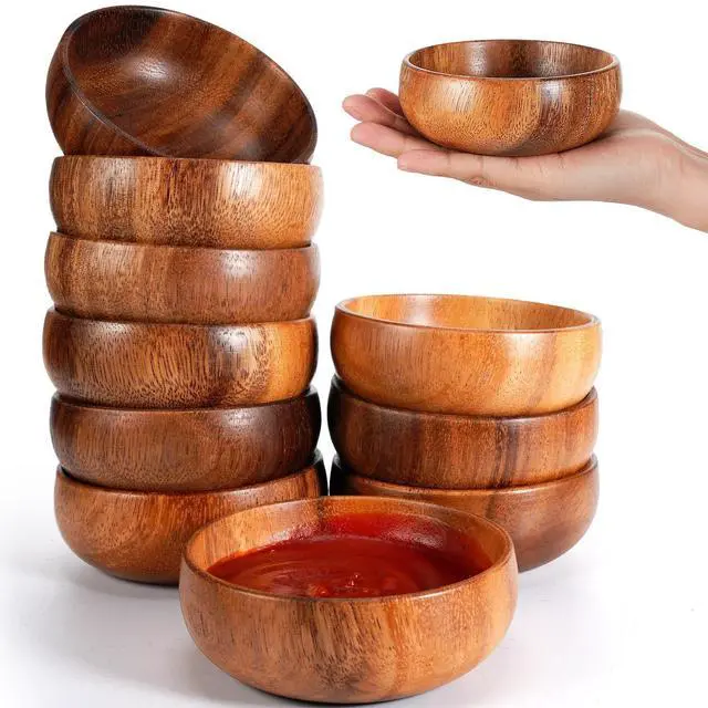 Main image of 10 Pcs Acacia Wooden Bowls Small Calabash Bowls Round Wood Salad Hand Carved Calabash Dip Tray for Serving Popcorn Pasta Coconut Nuts Sauce Appetizers Home Kitchen (4 Inch)