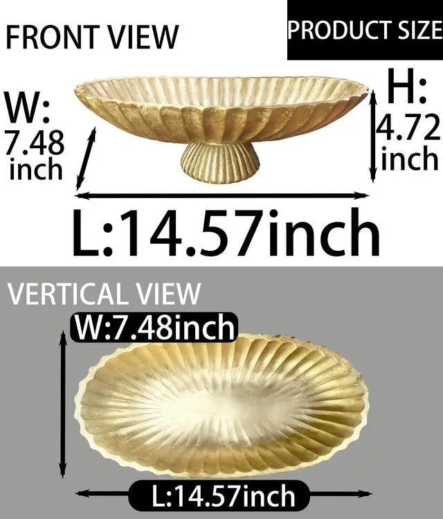 Alt view image 3 of 7 - 14.5" Large Decorative Long Bowl decor - Fluted Scalloped Decorative Bowls for Home Decor - Ruffle Decor,Stylish Key Bowl for Entry Table,Decorative Fruit Bowls for Kitchen Counter,Golden