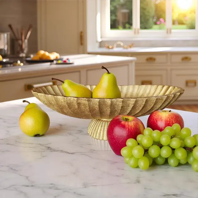 Alt view image 5 of 7 - 14.5" Large Decorative Long Bowl decor - Fluted Scalloped Decorative Bowls for Home Decor - Ruffle Decor,Stylish Key Bowl for Entry Table,Decorative Fruit Bowls for Kitchen Counter,Golden