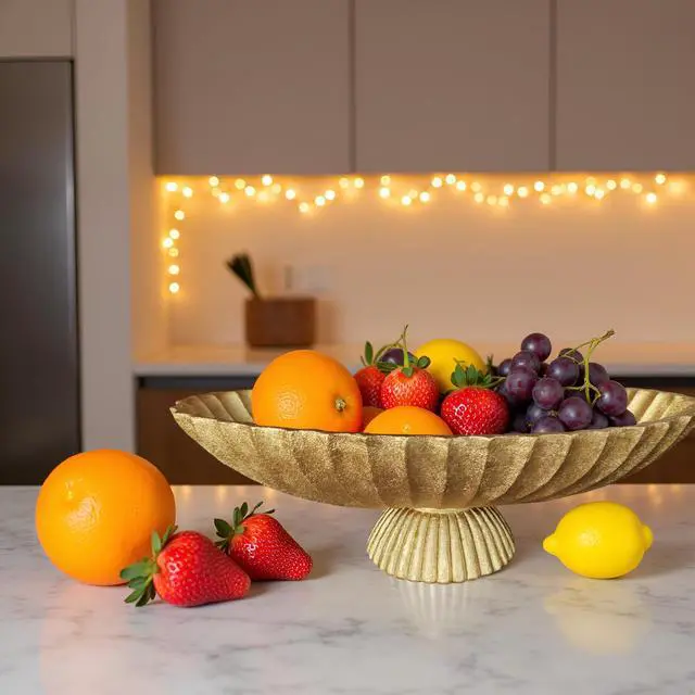 Alt view image 6 of 7 - 14.5" Large Decorative Long Bowl decor - Fluted Scalloped Decorative Bowls for Home Decor - Ruffle Decor,Stylish Key Bowl for Entry Table,Decorative Fruit Bowls for Kitchen Counter,Golden
