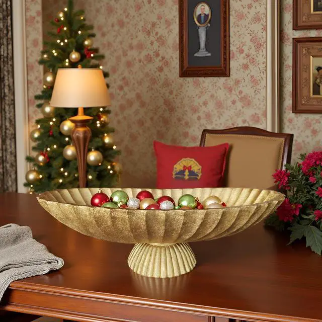 Alt view image 7 of 7 - 14.5" Large Decorative Long Bowl decor - Fluted Scalloped Decorative Bowls for Home Decor - Ruffle Decor,Stylish Key Bowl for Entry Table,Decorative Fruit Bowls for Kitchen Counter,Golden