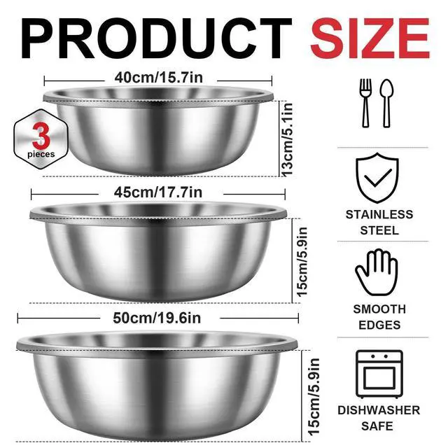 Alt view image 2 of 6 - Set of 3 Extra Large Stainless Steel Mixing Bowls Large Mixing Container Easy to Clean, Nesting Bowls for Space Saving Storage for Cooking, Baking(201 Stainless Steel,13, 16, 20 Quart)