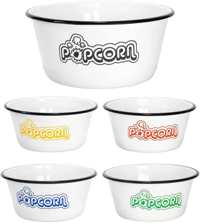 Main image of Set of 5 White Enamelware Metal Classic 4 Quart and 1.2 Quart Popcorn Bowls, Assorted Color Prints/Black Rim