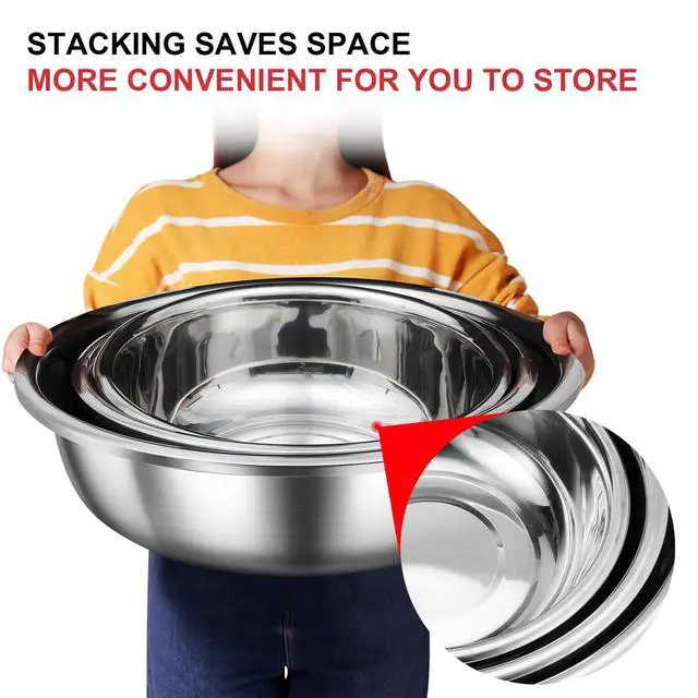Alt view image 4 of 6 - Set of 3 Extra Large Stainless Steel Mixing Bowls Large Mixing Container Easy to Clean, Nesting Bowls for Space Saving Storage for Cooking, Baking(201 Stainless Steel,13, 16, 20 Quart)