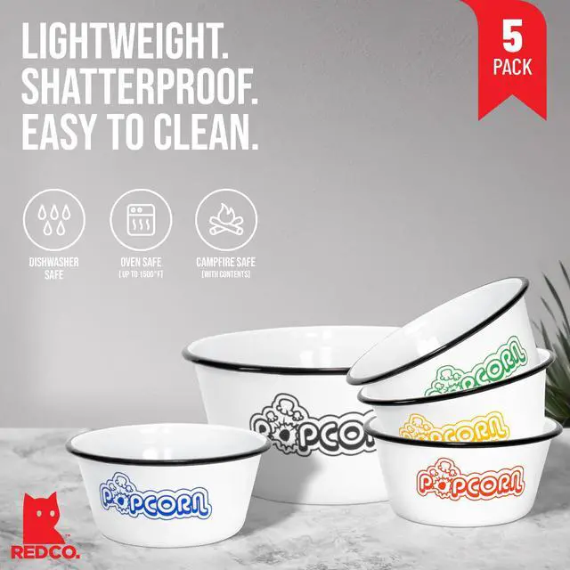 Alt view image 2 of 7 - Set of 5 White Enamelware Metal Classic 4 Quart and 1.2 Quart Popcorn Bowls, Assorted Color Prints/Black Rim