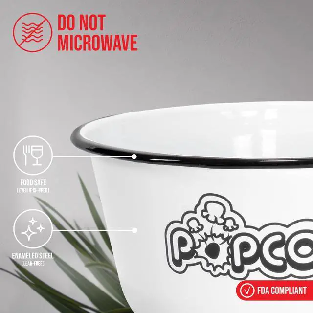 Alt view image 3 of 7 - Set of 5 White Enamelware Metal Classic 4 Quart and 1.2 Quart Popcorn Bowls, Assorted Color Prints/Black Rim