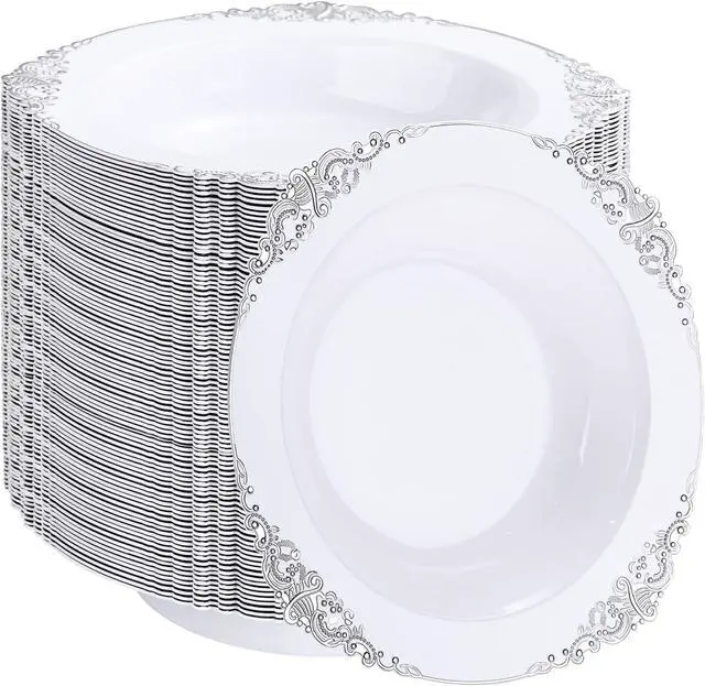 Main image of 100PCS Silver Plastic Bowls - 12 oz Silver Disposable Salad Bowls - Heavy Duty Disposable Soup Bowl - Fancy Plastic Ice Cream Bowl for Weddings Parties Dinners Picnics