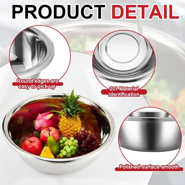 Alt view image 3 of 6 - Set of 3 Extra Large Stainless Steel Mixing Bowls Large Mixing Container Easy to Clean, Nesting Bowls for Space Saving Storage for Cooking, Baking(201 Stainless Steel,13, 16, 20 Quart)