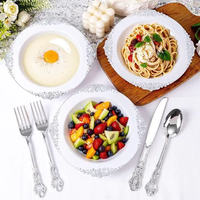 Alt view image 3 of 7 - 100PCS Silver Plastic Bowls - 12 oz Silver Disposable Salad Bowls - Heavy Duty Disposable Soup Bowl - Fancy Plastic Ice Cream Bowl for Weddings Parties Dinners Picnics