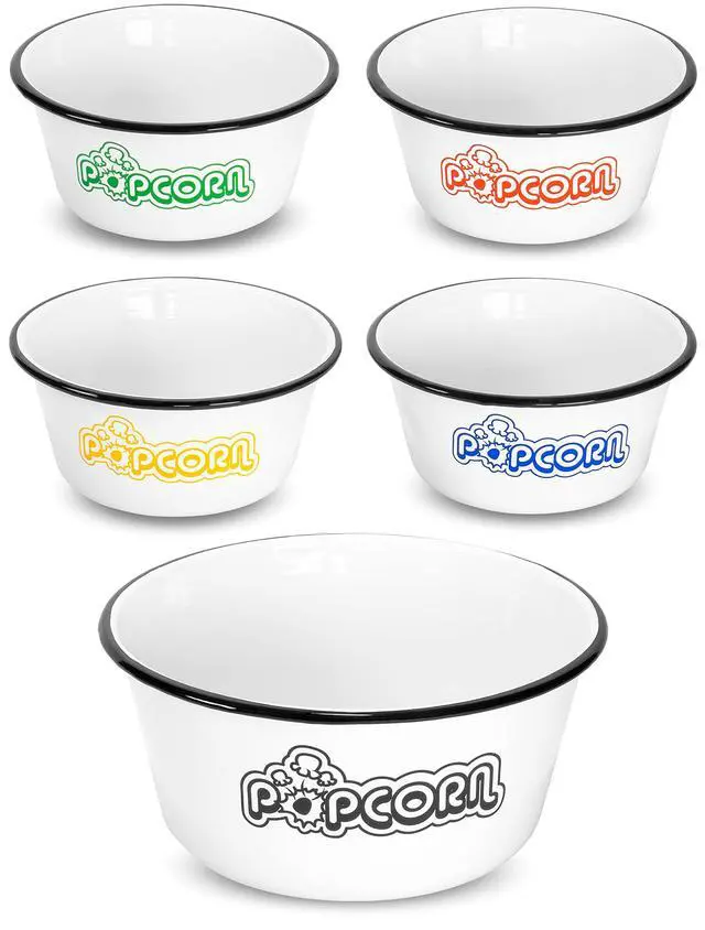Alt view image 7 of 7 - Set of 5 White Enamelware Metal Classic 4 Quart and 1.2 Quart Popcorn Bowls, Assorted Color Prints/Black Rim