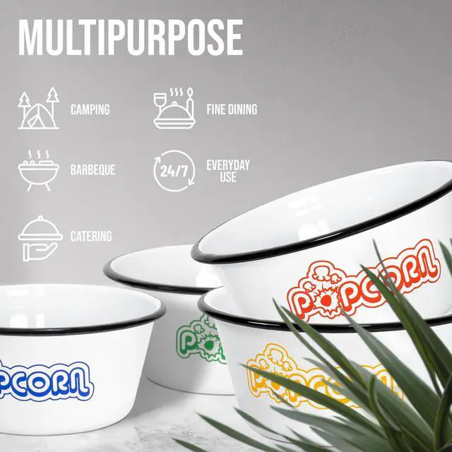 Alt view image 5 of 7 - Set of 5 White Enamelware Metal Classic 4 Quart and 1.2 Quart Popcorn Bowls, Assorted Color Prints/Black Rim