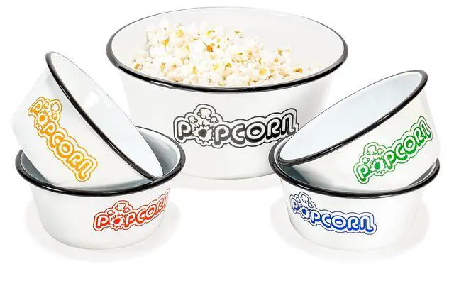 Alt view image 4 of 7 - Set of 5 White Enamelware Metal Classic 4 Quart and 1.2 Quart Popcorn Bowls, Assorted Color Prints/Black Rim
