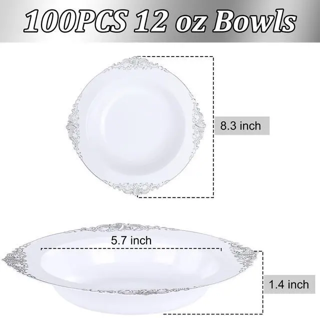 Alt view image 6 of 7 - 100PCS Silver Plastic Bowls - 12 oz Silver Disposable Salad Bowls - Heavy Duty Disposable Soup Bowl - Fancy Plastic Ice Cream Bowl for Weddings Parties Dinners Picnics