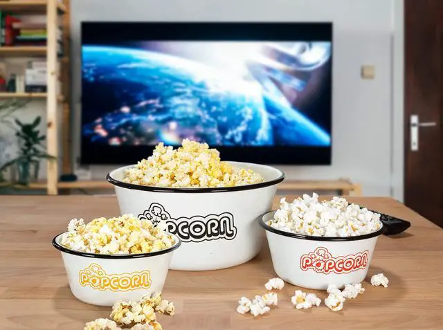 Alt view image 6 of 7 - Set of 5 White Enamelware Metal Classic 4 Quart and 1.2 Quart Popcorn Bowls, Assorted Color Prints/Black Rim