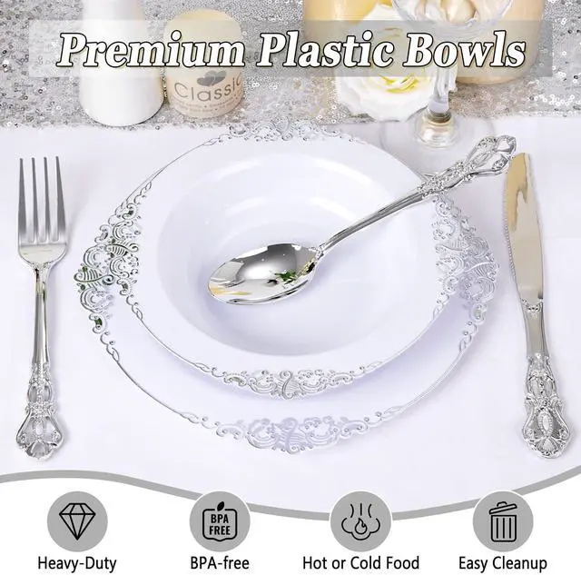 Alt view image 2 of 7 - 100PCS Silver Plastic Bowls - 12 oz Silver Disposable Salad Bowls - Heavy Duty Disposable Soup Bowl - Fancy Plastic Ice Cream Bowl for Weddings Parties Dinners Picnics