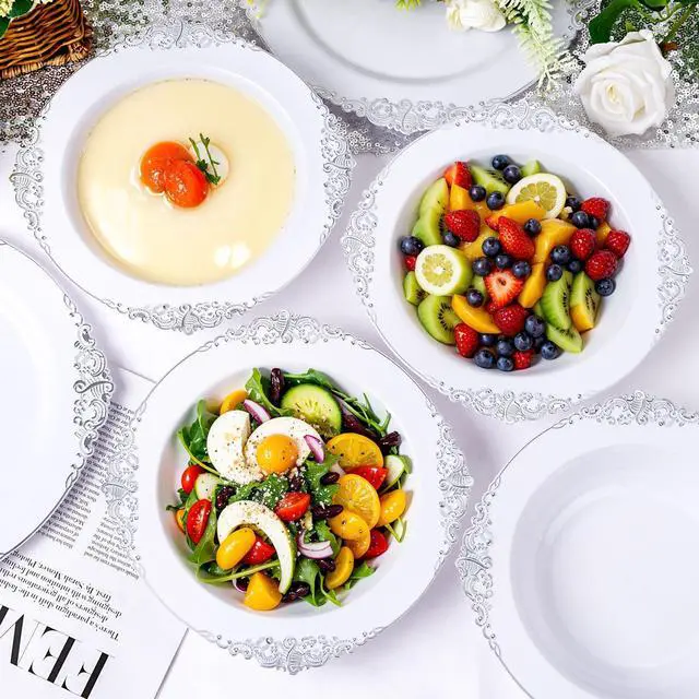 Alt view image 7 of 7 - 100PCS Silver Plastic Bowls - 12 oz Silver Disposable Salad Bowls - Heavy Duty Disposable Soup Bowl - Fancy Plastic Ice Cream Bowl for Weddings Parties Dinners Picnics