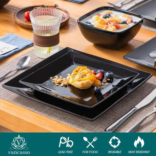 Alt view image 3 of 7 - Soho Dinnerware Sets 12 Pieces, Black Stoneware Square Place Setting, Plates and Bowls Sets, Dinner Plate, Dishes Set for 4
