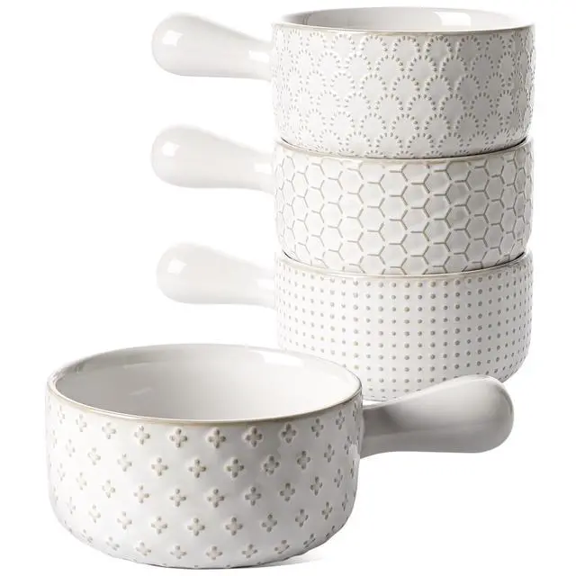 Main image of French Onion Soup Bowls, 18 Ounce Soup Bowls With Handles for Chili, Beef Stew, French Onion Soup Crocks Oven Safe - 5 inch, Set of 4, Arctic White