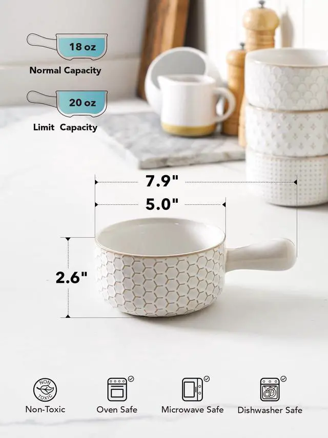 Alt view image 4 of 6 - French Onion Soup Bowls, 18 Ounce Soup Bowls With Handles for Chili, Beef Stew, French Onion Soup Crocks Oven Safe - 5 inch, Set of 4, Arctic White