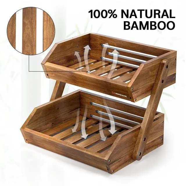 Alt view image 2 of 7 - Fruit Basket: 2-Tier Acacia Wood Fruit Bowl for Kitchen, Fruit Stand Storage Holder for Vegetables and Snack Home Kitchen Countertop Organizer (Self-assembly)