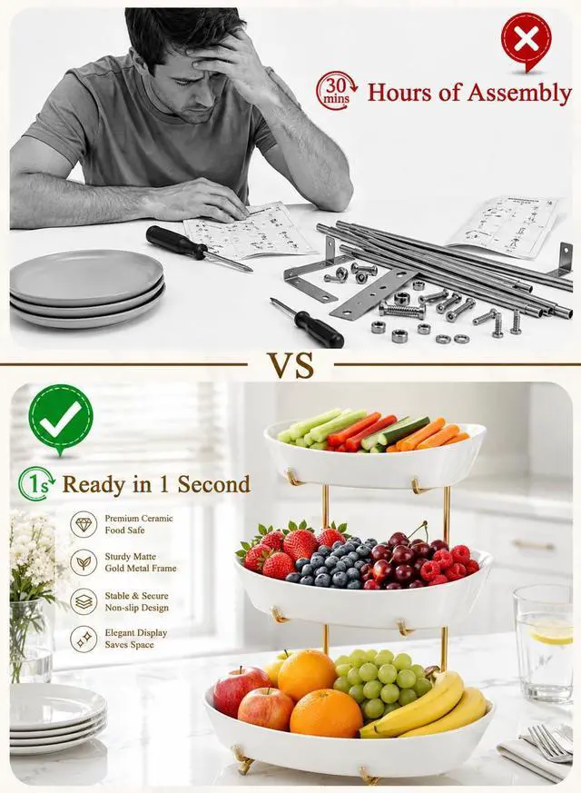 Alt view image 2 of 7 - 3 Tier Fruit Bowl for Kitchen Counter, No Assembly Required Ceramic Fruit Basket with Metal Stand, Tiered Fruit Stand for Countertop for Fruit, Veggies, Snacks, Cake & Desserts