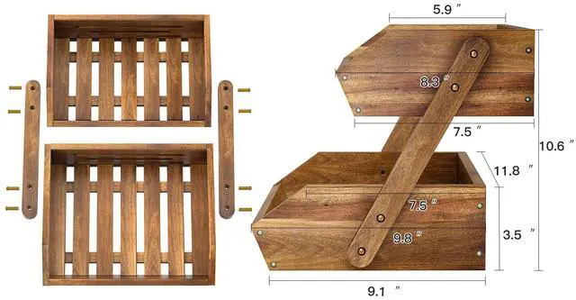 Alt view image 3 of 7 - Fruit Basket: 2-Tier Acacia Wood Fruit Bowl for Kitchen, Fruit Stand Storage Holder for Vegetables and Snack Home Kitchen Countertop Organizer (Self-assembly)