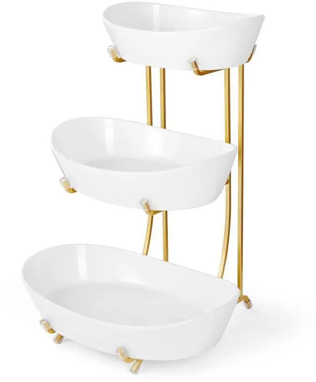 Main image of 3 Tier Fruit Bowl for Kitchen Counter, No Assembly Required Ceramic Fruit Basket with Metal Stand, Tiered Fruit Stand for Countertop for Fruit, Veggies, Snacks, Cake & Desserts