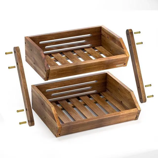 Alt view image 4 of 7 - Fruit Basket: 2-Tier Acacia Wood Fruit Bowl for Kitchen, Fruit Stand Storage Holder for Vegetables and Snack Home Kitchen Countertop Organizer (Self-assembly)
