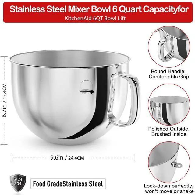 Alt view image 2 of 7 - 6QT Stainless Steel Mixer Bowl for Kitchenaid Stand Mixers, Kitchen Aid Mixing Bowl for 6QT Lift Mixer with Handle