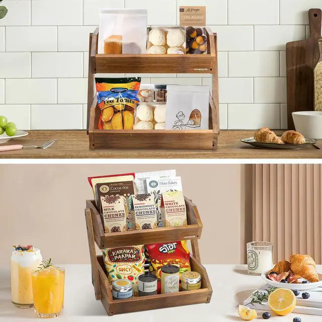 Alt view image 6 of 7 - Fruit Basket: 2-Tier Acacia Wood Fruit Bowl for Kitchen, Fruit Stand Storage Holder for Vegetables and Snack Home Kitchen Countertop Organizer (Self-assembly)