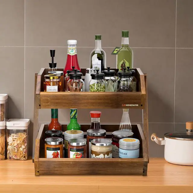 Alt view image 5 of 7 - Fruit Basket: 2-Tier Acacia Wood Fruit Bowl for Kitchen, Fruit Stand Storage Holder for Vegetables and Snack Home Kitchen Countertop Organizer (Self-assembly)