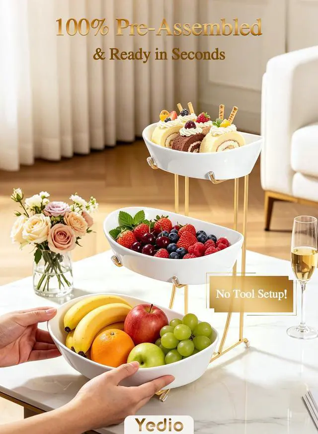 Alt view image 4 of 7 - 3 Tier Fruit Bowl for Kitchen Counter, No Assembly Required Ceramic Fruit Basket with Metal Stand, Tiered Fruit Stand for Countertop for Fruit, Veggies, Snacks, Cake & Desserts