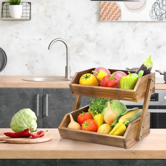 Alt view image 7 of 7 - Fruit Basket: 2-Tier Acacia Wood Fruit Bowl for Kitchen, Fruit Stand Storage Holder for Vegetables and Snack Home Kitchen Countertop Organizer (Self-assembly)