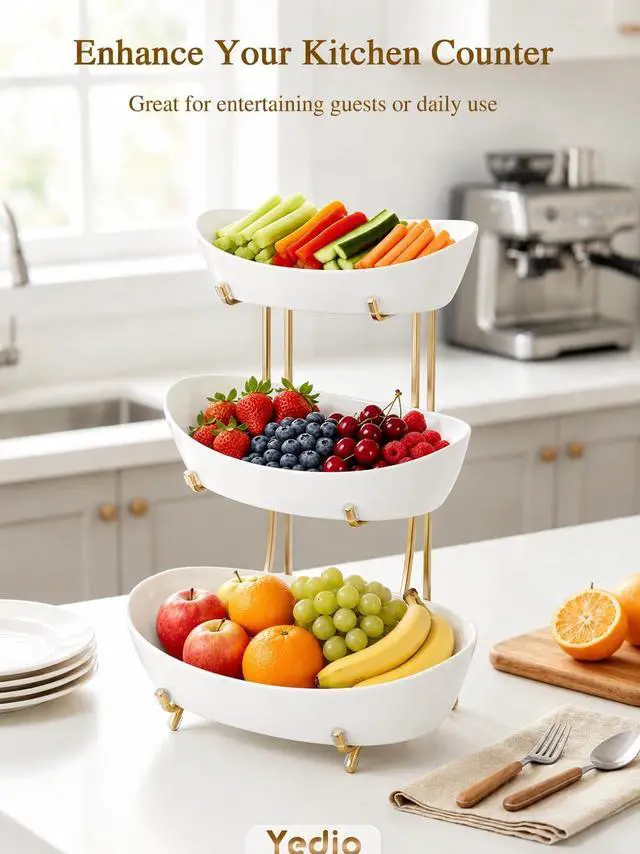 Alt view image 6 of 7 - 3 Tier Fruit Bowl for Kitchen Counter, No Assembly Required Ceramic Fruit Basket with Metal Stand, Tiered Fruit Stand for Countertop for Fruit, Veggies, Snacks, Cake & Desserts