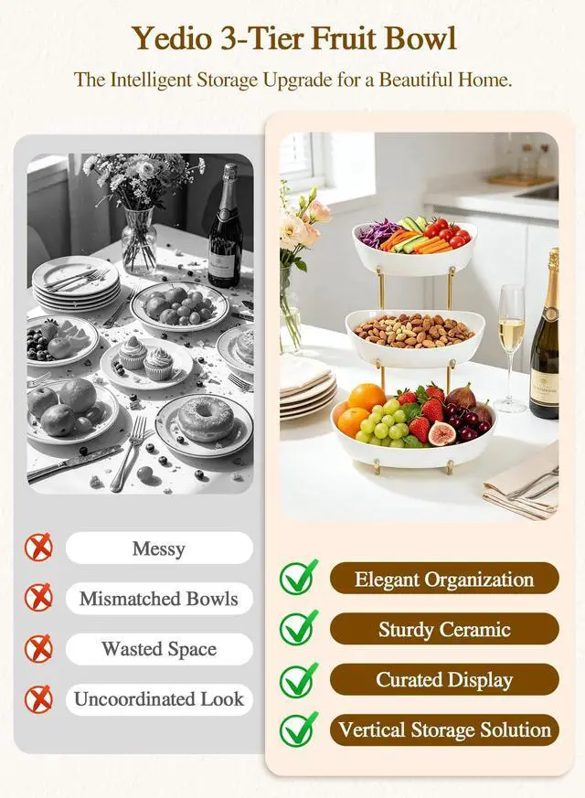 Alt view image 7 of 7 - 3 Tier Fruit Bowl for Kitchen Counter, No Assembly Required Ceramic Fruit Basket with Metal Stand, Tiered Fruit Stand for Countertop for Fruit, Veggies, Snacks, Cake & Desserts