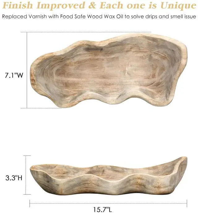 Alt view image 3 of 6 - Wavy Live Edge Wooden Dough Bowl for Decor 16"L Medium Natural Root Wood Hand Carved Decorative Wooden Farmhouse Fruit Bowl Handmade, Home Decoration Centerpiece, Table Display Bowl