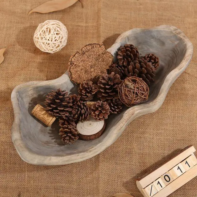 Alt view image 4 of 6 - Wavy Live Edge Wooden Dough Bowl for Decor 16"L Medium Natural Root Wood Hand Carved Decorative Wooden Farmhouse Fruit Bowl Handmade, Home Decoration Centerpiece, Table Display Bowl
