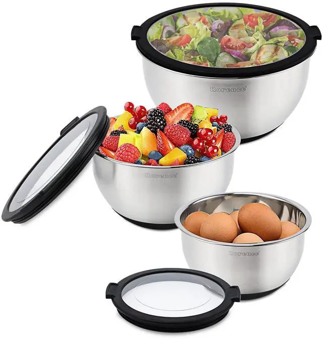 Main image of Mixing Bowls with Lids Set, Non Slip Silicone Bottom Stainless Steel Mixing Kitchen Bowls for Baking/Storage, Dishwasher Safe, 5/3/1.5QT