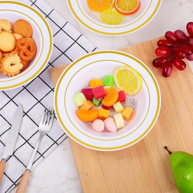 Alt view image 3 of 7 - 200 Pieces 6 oz Plastic Bowls with Rim Small Disposable Soup Bowls for Dessert Salad Soup Candy Wedding Thanksgiving Catering Holidays Party Supplies (White,Gold Rim)
