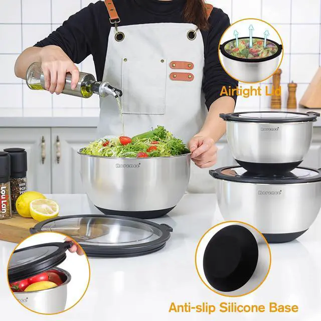 Alt view image 4 of 7 - Mixing Bowls with Lids Set, Non Slip Silicone Bottom Stainless Steel Mixing Kitchen Bowls for Baking/Storage, Dishwasher Safe, 5/3/1.5QT