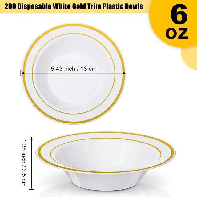 Alt view image 2 of 7 - 200 Pieces 6 oz Plastic Bowls with Rim Small Disposable Soup Bowls for Dessert Salad Soup Candy Wedding Thanksgiving Catering Holidays Party Supplies (White,Gold Rim)