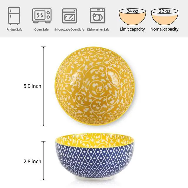 Alt view image 2 of 7 - Ceramic Cereal Bowls Set of 6, 24 Oz Deep Soup Bowls for Kitchen, 5.9 Inch Dessert Bowls for Salad, Pasta, Oatmeal, Ramen, Microwave Dishwasher Safe, Set of 6, Assorted Colors