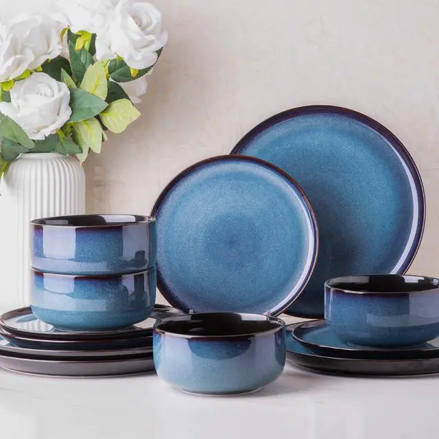 Main image of Ceramic Dinnerware Sets for 4,Porcelain Plates and Bowls Sets,Handmade Reactive Glaze Dishes Set,Chip Resistant and Scratch Resistant | Oven&Dishwasher & Microwave Safe,Service for 4-Blue