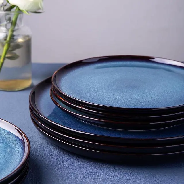 Alt view image 4 of 7 - Ceramic Dinnerware Sets for 4,Porcelain Plates and Bowls Sets,Handmade Reactive Glaze Dishes Set,Chip Resistant and Scratch Resistant | Oven&Dishwasher & Microwave Safe,Service for 4-Blue