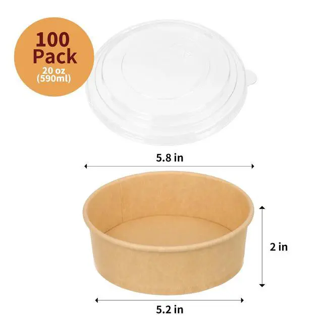 Alt view image 2 of 6 - 100 Pack 20 oz Disposable Bowls with Lids, Kraft Paper Salad Bowls with Lids, Paper Soup Bowls Food Container for Cold/Hot Food or Takeout