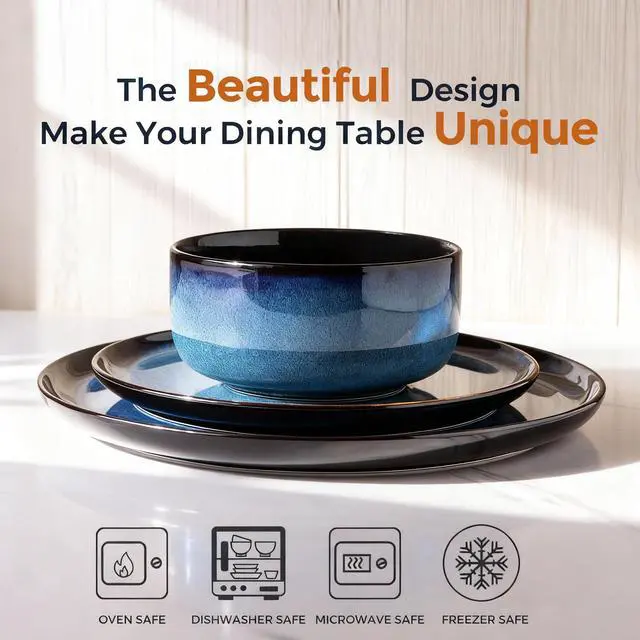 Alt view image 2 of 7 - Ceramic Dinnerware Sets for 4,Porcelain Plates and Bowls Sets,Handmade Reactive Glaze Dishes Set,Chip Resistant and Scratch Resistant | Oven&Dishwasher & Microwave Safe,Service for 4-Blue