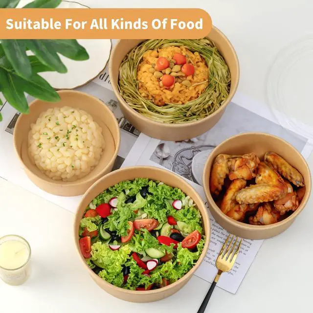 Alt view image 5 of 6 - 100 Pack 20 oz Disposable Bowls with Lids, Kraft Paper Salad Bowls with Lids, Paper Soup Bowls Food Container for Cold/Hot Food or Takeout