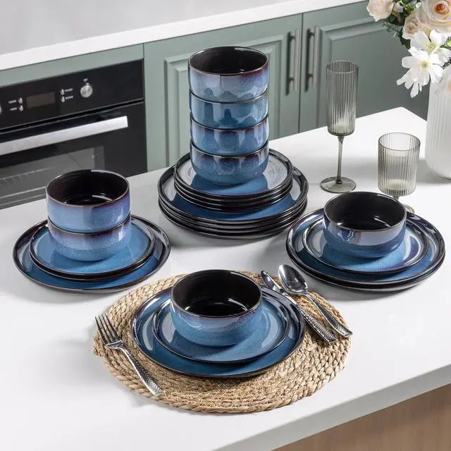 Alt view image 6 of 7 - Ceramic Dinnerware Sets for 4,Porcelain Plates and Bowls Sets,Handmade Reactive Glaze Dishes Set,Chip Resistant and Scratch Resistant | Oven&Dishwasher & Microwave Safe,Service for 4-Blue