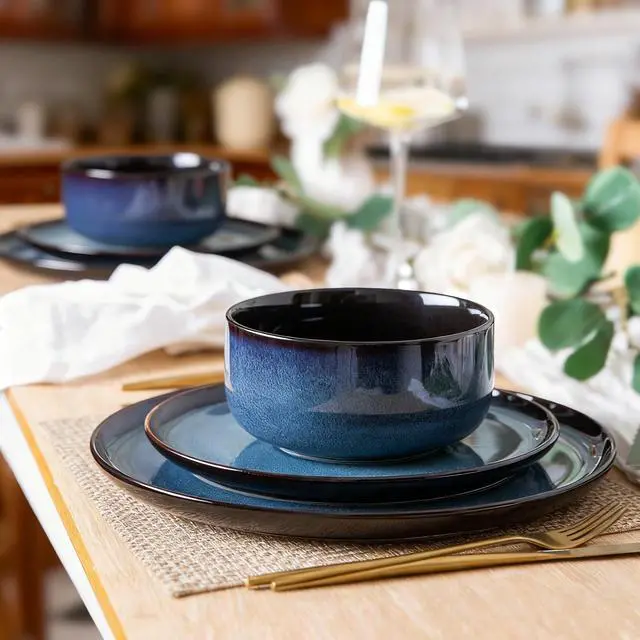 Alt view image 5 of 7 - Ceramic Dinnerware Sets for 4,Porcelain Plates and Bowls Sets,Handmade Reactive Glaze Dishes Set,Chip Resistant and Scratch Resistant | Oven&Dishwasher & Microwave Safe,Service for 4-Blue
